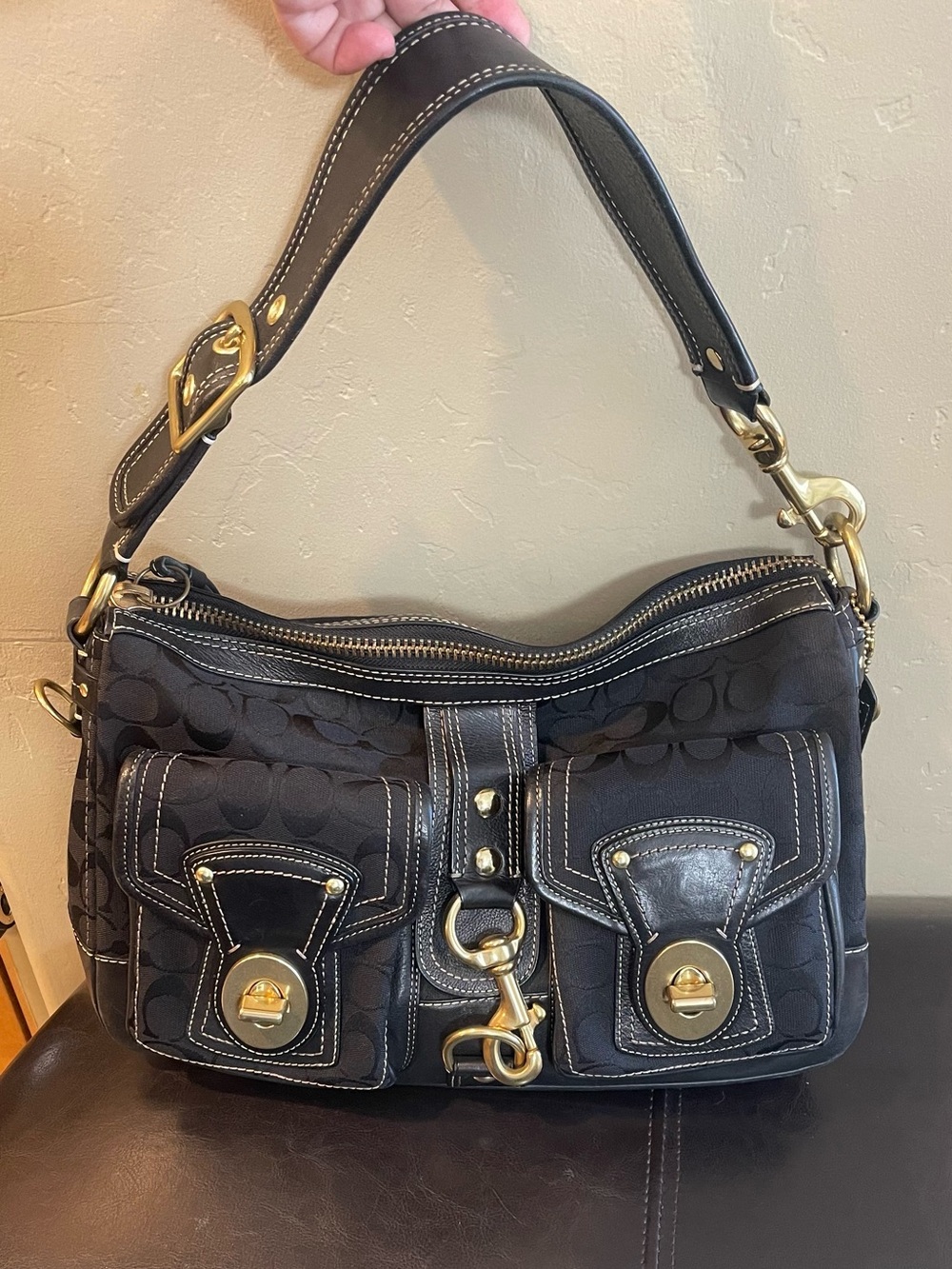 Coach legacy 65th anniversary Black Signature Canvas Shoulder Bag Gold turnlock
